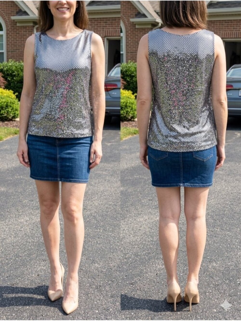 Notations Vintage 90s Metallic Sequin Tank Top XL Silver Sparkle Party Blouse
